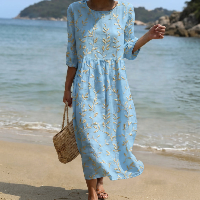Natalia - Vestido Midi de Gola Redonda com Bordado
