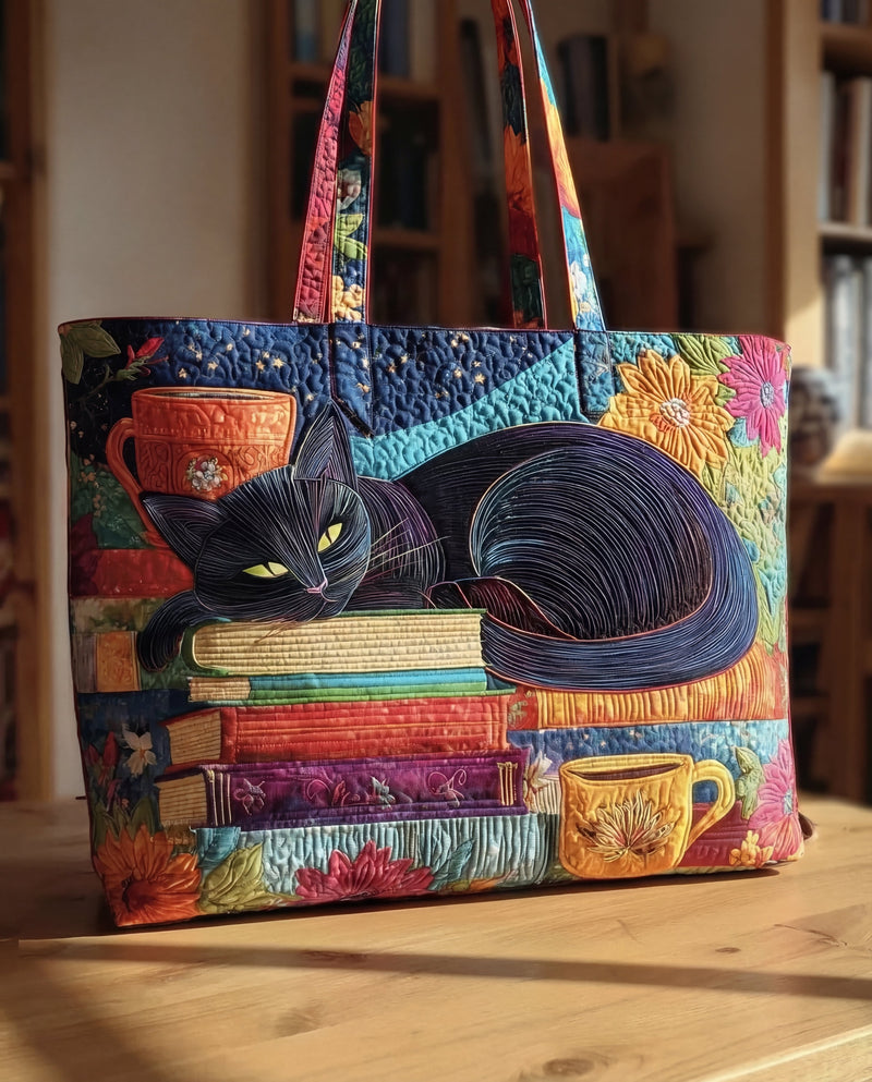 Bolsa Artesanal Gato Negro com Livros e Canecas
