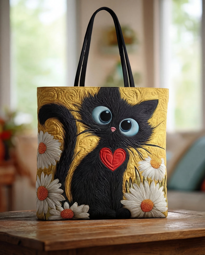 Bolsa Artesanal Gato Negro com Coração e Margaridas