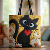 Bolso Artesanal “Gato Negro com Coração e Margaridas”