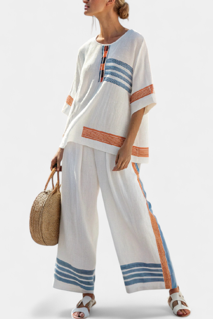 Bruna| Conjunto étnico Margo Branco Azul Laranja
