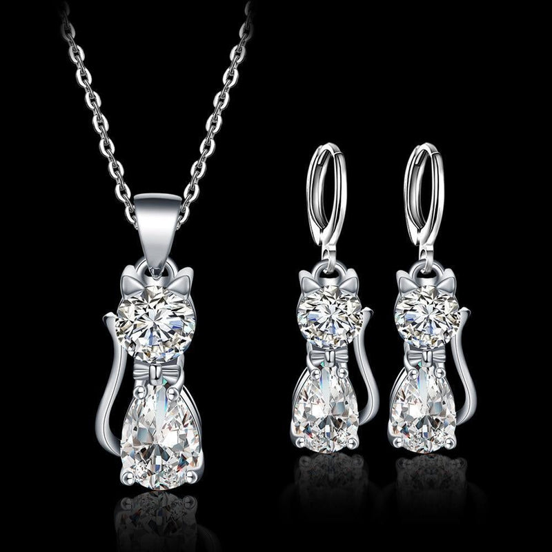 Conjunto de colar e brincos – Gatos felizes de prata com zircônia polida